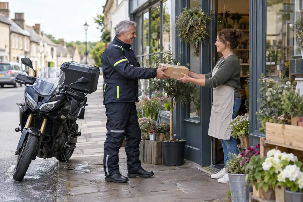 Motorcycle courier with secure small consignment, providing city courier service service